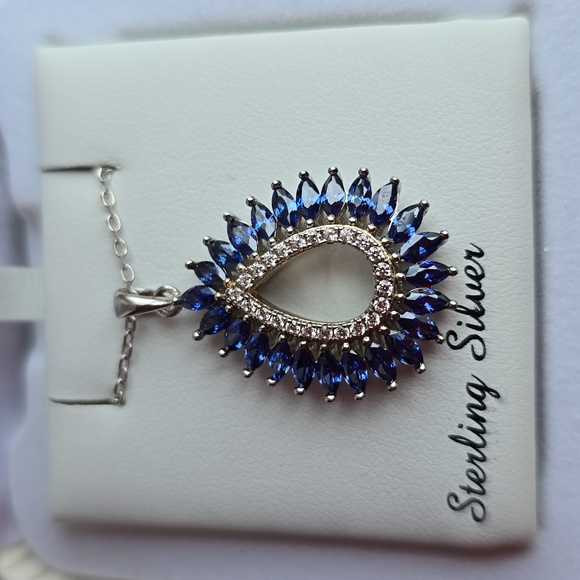 STERLING SILVER FINE JEWELRY CUBIC ZIRCONIA BLUE PENDANT NECKLACE - Picture 8 of 12
